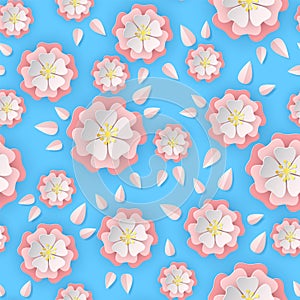 Paper sakura seamless pattern. Floral stylish wallpaper colorful blooming flowers of cherry tree, cut paper origami