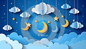 Paper clouds moons and stars hanging on blue background