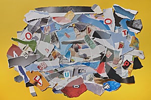 Paper scrap collage top view as background