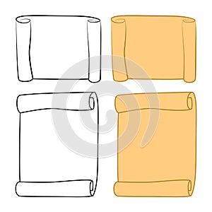 Paper scroll clipart, outline set vector isolated on white background. Empty, blank parchment rolled up scroll