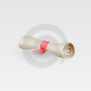 Paper scroll diploma with red ribbon on a white background. Vector illustration.