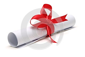 Paper scroll diploma tied with red ribbon