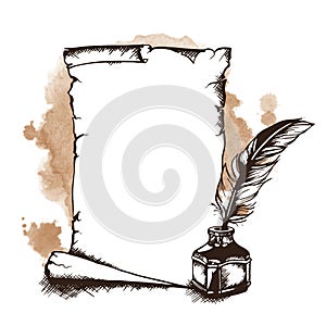 Paper scroll, feather and inkwell. Vector illustration