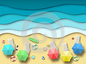 Paper sea beach. Summer holiday landscape with sand, ocean and sun, summertime relaxation 3d origami. Paper art vector