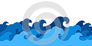 Paper sea waves. Blue water wave paper cut decor, marine landscape with curly waves ocean. Origami style wallpaper