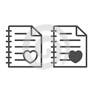 Paper sheet with heart, notebook page line and solid icon, dating concept, love letter vector sign on white background