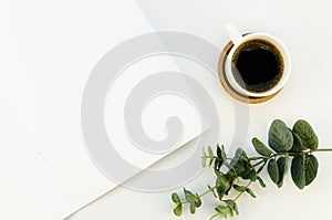 Paper A4 sheet mockup. White table desk with cup of coffee and eucalyptus. Top view, copy space