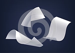 Paper Sheets Cascade. Three Pieces of Blank Paper Sheets with Sharp Edges And Curve Corners Fall Down, 3d Vector