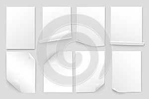 Paper sheets mega set in 3d realistic design. Bundle elements of white office document templates in A4 format with curling edges