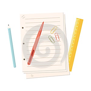 Paper sheets pile with pen and pencil. Vector illustration