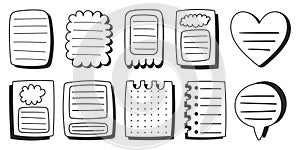 Paper sheets sticker collection in comics style, doodle black and white memo stickers. Creative journaling and note
