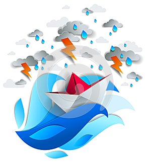 Paper ship swimming in storm with lightning, origami folded toy