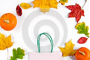 Paper shopping bag and colorful fallen leaves on a white background. Autumn sale concept. Discount banner.