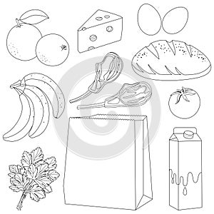 Paper shopping bag and groceries. Supermarket shopping for food products. Vector black and white coloring page.