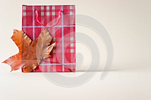 Paper shopping bag and maple leaf on a light background. Concept of autumn and seasonal discounts and sales. Autumn sale. Free