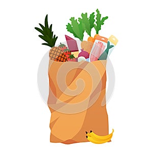 Paper shopping bag products grocery. Vegetables, bread, dairy products, and meat. Grocery supermarket. Fresh healthy