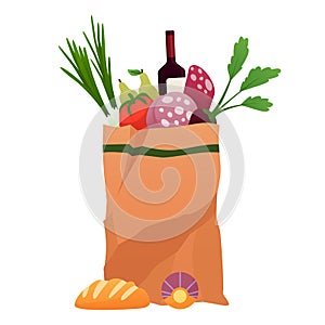 Paper shopping bag products grocery. Vegetables, bread, vine and meat. Grocery supermarket. Fresh healthy produce