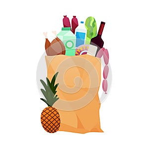 Paper shopping bag products grocery. Vegetables, dairy products, vine, meat. Grocery supermarket. Fresh healthy produce