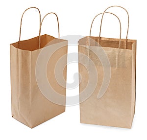 Paper shopping bags on white background, collage