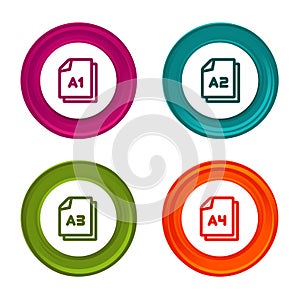 Paper size A1 A2 A3 A4 icons. Document symbol. Colorful web button with icon