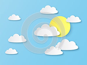 Paper sky with cloud. White clouds and sun on blue heaven, cut paper origami design, air landscape panorama vector