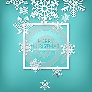 Paper snowflakes on blue background. Holiday greeting card