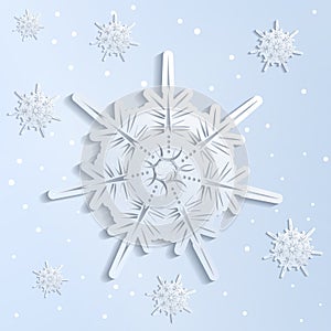 Paper snowflakes winter background. Realistic snowflakes on a li