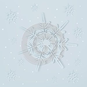 Paper snowflakes winter background. Realistic snowflakes on a li