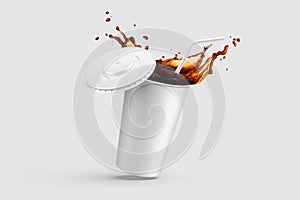 Paper soda cup with cola splash and straw mockup template, isolated on light grey background.