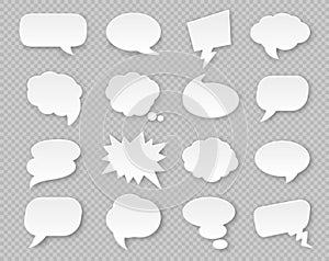 Paper speech bubbles. Comic thought white blank balloons with shadow. Thinking cloud for expression in various shapes