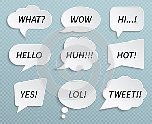 Paper speech bubbles. Talk clouds with shadow and text messages. Vector isolated stickers photo