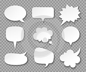 Paper speech bubbles. White blank thought balloons, shouting box. Vintage speech and thinking expression vector bubble