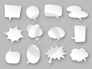 Paper speech bubbles. White communication bubbles, thought balloons. Messages cloud, dialog chat, blank advertising