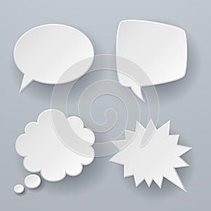 Paper speech bubbles. White origami 3d retro clouds thought chat or dialogue text message balloon vector concept