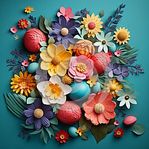 paper spring flowers and Easter colorful eggs on dark blue background