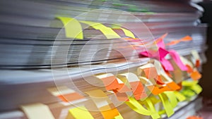 Paper stack, Pile of unfinished documents with post it on office