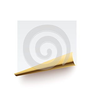 Paper sticker with curl golden corner vector illustration. Sticker blank page leaf with curved rolled glossy gold edge