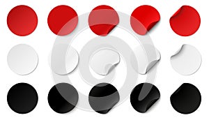 Paper stickers circle with rounded edges adhesive, red white and black paper round stickers with peeling corner and shadow