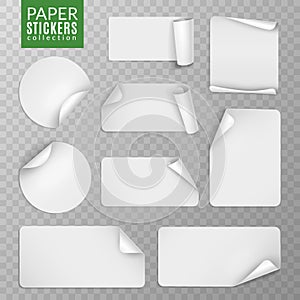 Paper stickers set. White label sticker page, blank badge bent note sticky banners curled corners wrapped sheets. Vector photo