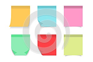Paper sticky post note with red, blue, orange, yellow, pink color. Memo sticker for notepad, board, advertising. Attached paper