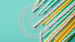 Paper straw among with pile plastic straws on green background photo