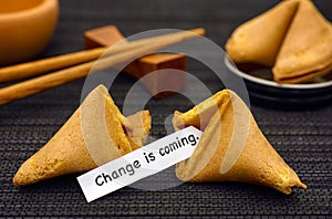 Paper strip with phrase Change is coming from fortune cookie