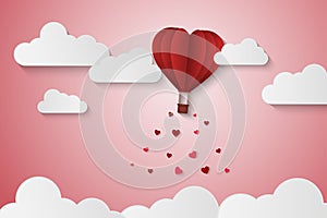 Paper Style love of valentine day , balloon flying over cloud with heart float on the sky, couple honeymoon , vector illustration