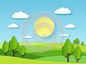 Paper summer landscape. Panoramic green field with trees and blue sky with white clouds. Layered papercut ecology vector