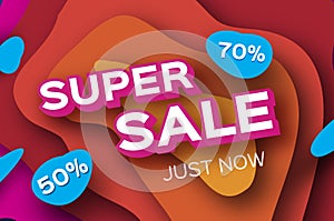 Paper Super Sale. Discount Poster in paper cut style. Special Offer Banner.