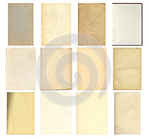 Paper and textile textures set. Blank old pages with rough faded surface.