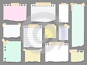Paper torn page notes. Blank notepad pages with adhesive tape pieces vector illustration