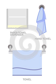 Paper Towel Dispenser Hand towel and Bath Towel vector illustrations flat style clip arts