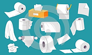 Paper towel set. White paper napkin roll for bathroom, toilet paper sheet flat style, hygiene tissue and clean napkin