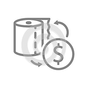 Paper towels and coin, money line icon. Paper roll, payment for goods, HoReCa goods products